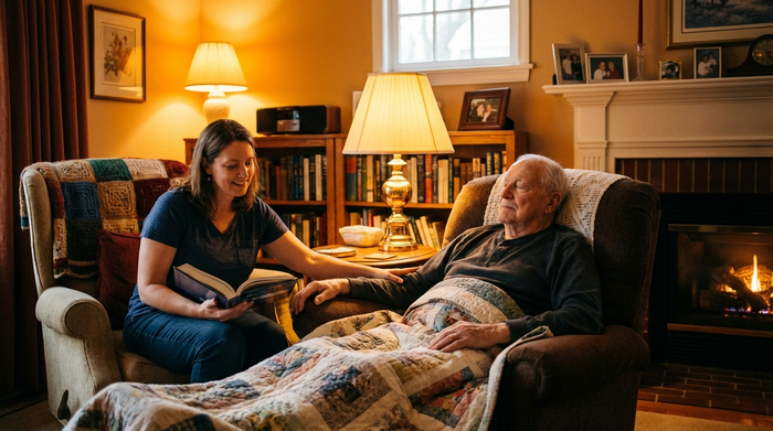 Eine fürsorgliche Betreuungskraft sitzt in einem Sessel und liest einem ruhenden Senior aus einem Buch vor. Abendliche, gemütliche Beleuchtung im Wohnzimmer, die ein starkes Gefühl von Geborgenheit und ständiger Präsenz vermittelt.