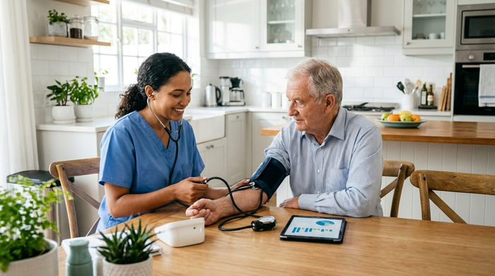 Eine professionelle Pflegekraft in blauer Dienstkleidung misst den Blutdruck eines älteren Herrn am Esstisch. Helle Küche, saubere Umgebung, medizinische Routine, realistisch, ohne Text.
