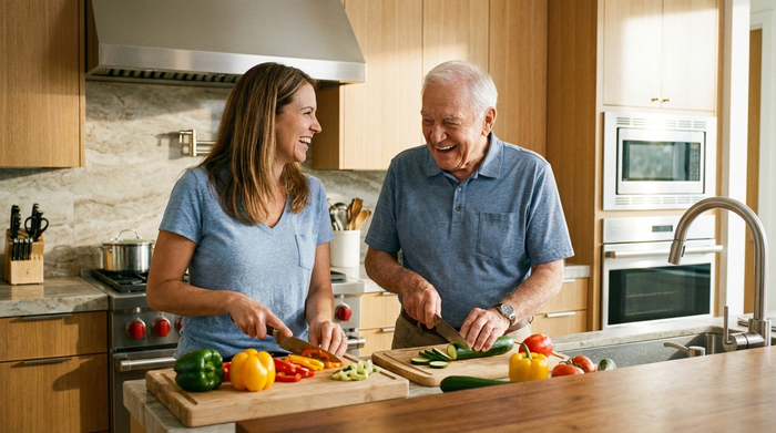 Eine Betreuungskraft und ein Senior kochen gemeinsam in einer sauberen, modernen Küche. Beide lachen und schneiden frisches Gemüse. Warme, familiäre Stimmung, realistischer Fotostil, ohne Text.