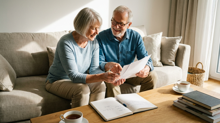 Ein älteres Ehepaar sitzt entspannt auf einem Sofa und schaut sich gemeinsam Dokumente an. Ein aufgeschlagener Notizblock liegt auf dem Tisch. Helles Wohnzimmer, vertrauensvolle Atmosphäre, realistisch, ohne Text.