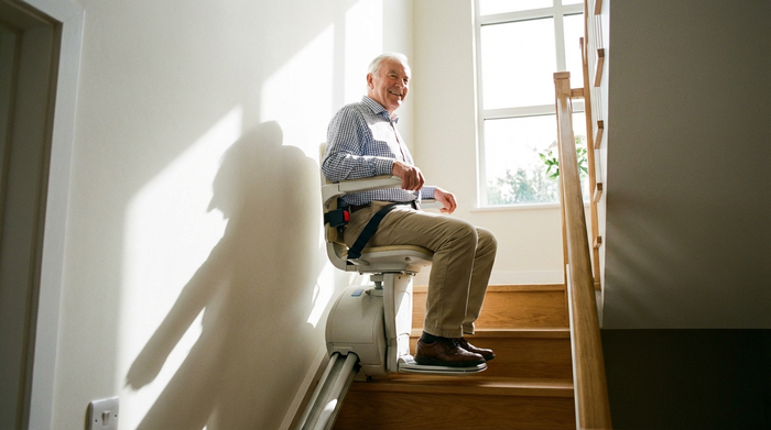 Ein moderner, sicherer Treppenlift in einem gepflegten Einfamilienhaus. Ein zufriedener Senior fährt langsam die Treppe hinauf. Helles Treppenhaus mit Holzstufen, realistisch, sicher, ohne Text.