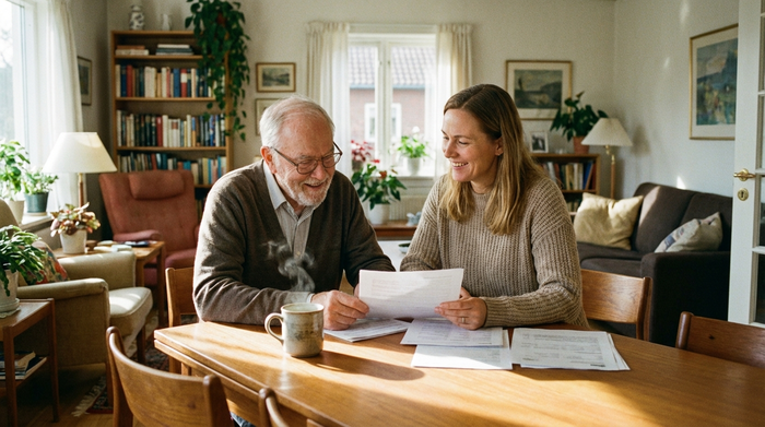 Ein älterer Herr sitzt am Esstisch und bespricht entspannt Dokumente mit seiner Tochter. Eine Tasse Kaffee steht auf dem Tisch. Helles, gemütliches Wohnzimmer, realistische Szene.