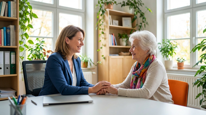 Eine freundliche Beraterin reicht einer älteren Dame lächelnd eine Hand über den Schreibtisch. Ein helles, einladendes Büro mit Pflanzen im Hintergrund, professionell und vertrauensvoll.