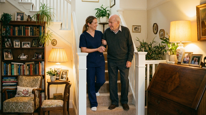 Eine lächelnde Pflegekraft hilft einem Senior behutsam beim Treppensteigen in einem liebevoll eingerichteten Zuhause. Warme Beleuchtung, vertrauensvolle Stimmung, fotorealistisch.