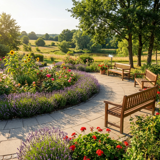 Ein gepflegter Demenzgarten mit einem gepflasterten, hindernisfreien Rundweg. Bunte Blumenbeete und sichere Holzbänke säumen den Weg unter einem sonnigen Himmel. Friedliche Naturidylle ohne Zäune im direkten Blickfeld, fotorealistisch.