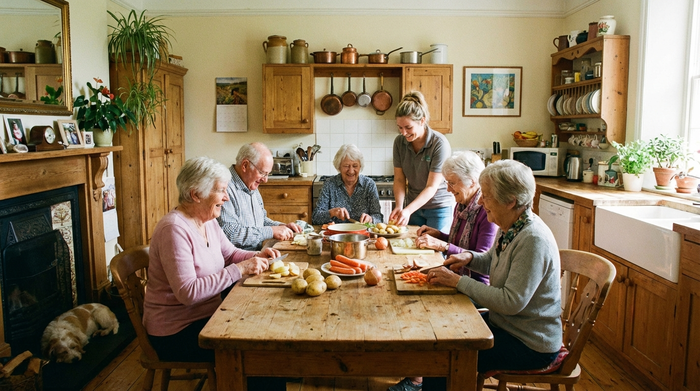Eine großzügige, wohnliche Gemeinschaftsküche in einer Senioren-WG. Ältere Menschen sitzen gemeinsam an einem großen Holztisch und bereiten Gemüse zu, liebevoll unterstützt von einer Betreuerin in Alltagskleidung. Familiäre, warme Atmosphäre, fotorealistisch.