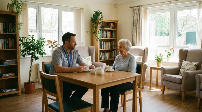 Ein engagierter Sozialarbeiter im Gespräch mit einer älteren Dame in einem hellen Raum. Helles Tageslicht, professionelle und beruhigende Atmosphäre, aufgeräumtes Umfeld, realistische Fotografie.