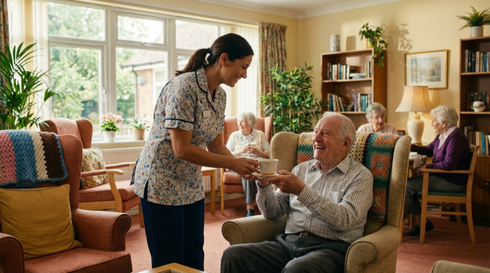 Eine freundliche Pflegekraft reicht einem lächelnden Senior eine Tasse Tee in einem gemütlichen, lichtdurchfluteten Gemeinschaftsraum. Harmonische und würdevolle Szene, warme Farben.