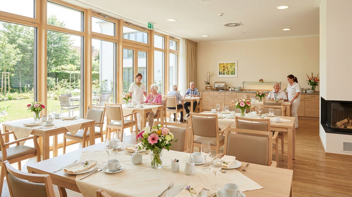 Ein heller und einladender Speisesaal in einer modernen Senioreneinrichtung. Schön gedeckte Tische mit frischen Blumen, große Fensterfronten, saubere und freundliche Umgebung.