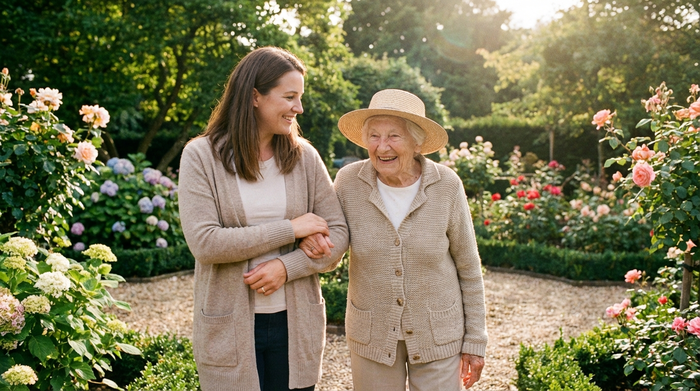 Eine fürsorgliche Betreuungskraft hilft einer älteren Frau beim Spazierengehen in einem gepflegten Garten. Beide wirken entspannt und glücklich an einem sonnigen Nachmittag.