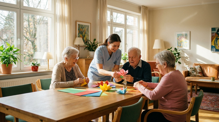 Eine Gruppe fröhlicher Senioren sitzt in einer hellen Tagespflege an einem Tisch und bastelt gemeinsam mit bunten Papieren. Eine junge, lächelnde Betreuerin hilft einem älteren Herrn. Warme, familiäre Atmosphäre, sonnendurchfluteter Raum.