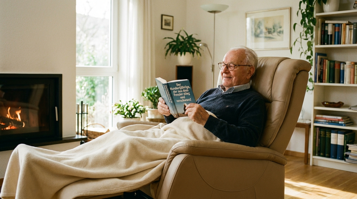 Ein älterer Herr mit Brille sitzt entspannt in einem bequemen, hellbraunen Pflegesessel in einem Ruheraum und liest zufrieden ein Buch. Eine weiche Kuscheldecke liegt über seinen Beinen. Ruhige, entspannende Stimmung.