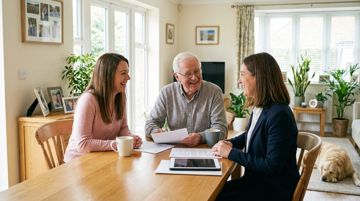 Eine Tochter und ihr älterer Vater sitzen gemeinsam am heimischen Esstisch und besprechen entspannt Dokumente mit einer freundlichen Pflegeberaterin. Kaffeetassen auf dem Tisch, vertrauensvolle und positive Stimmung, helles Wohnzimmer.