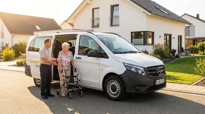Ein moderner, weißer Kleinbus mit geöffneter Schiebetür steht vor einem gepflegten Einfamilienhaus. Ein freundlicher Fahrer reicht einer lächelnden Seniorin mit Rollator hilfsbereit die Hand, um ihr beim Einsteigen zu helfen. Sonniges Wetter.