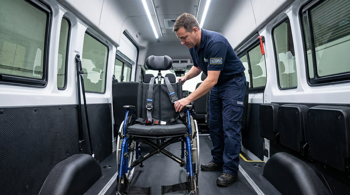 Ein professionell gesicherter Rollstuhl in einem geräumigen Behindertentransportwagen. Ein fürsorglicher Fahrer in Dienstkleidung prüft aufmerksam die Sicherheitsgurte. Helle Innenbeleuchtung, sauberes und modernes Fahrzeuginterieur ohne sichtbare Texte.