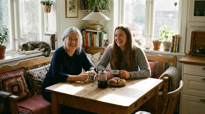 Eine ältere Dame und ihre erwachsene Tochter sitzen entspannt an einem gemütlichen Küchentisch und trinken Kaffee. Sie lächeln sich glücklich an. Friedliche, häusliche Umgebung mit warmem Sonnenlicht, das durch das Fenster fällt.