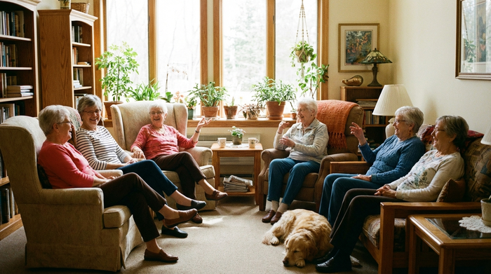 Eine kleine Gruppe fröhlicher Senioren sitzt gemeinsam im hellen, freundlichen Aufenthaltsraum einer Tagespflegeeinrichtung. Sie unterhalten sich angeregt. Gemütliche, einladende Einrichtung mit Zimmerpflanzen und bequemen Sesseln.