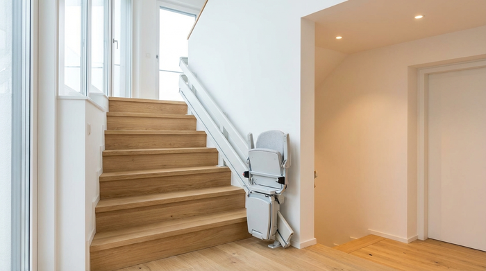 Ein moderner, unauffälliger Treppenlift in einem gepflegten, hellen Treppenhaus eines Mehrfamilienhauses. Elegante Holzstufen und weiße Wände, saubere und sichere Umgebung, gut ausgeleuchtet.