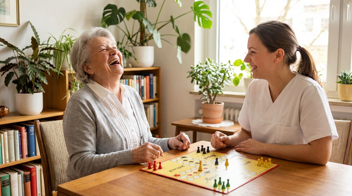Eine ältere Dame mit silbergrauem Haar lacht herzlich, während sie mit einer freundlichen Pflegekraft ein Brettspiel spielt. Gemütliche Wohnzimmeratmosphäre mit Pflanzen im Hintergrund, helles Tageslicht.