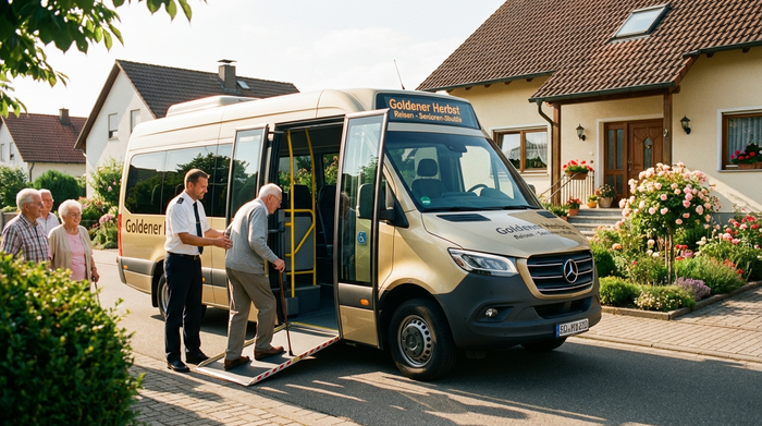 Ein moderner, komfortabler Kleinbus für Senioren parkt vor einem gepflegten Haus in einer ruhigen Nachbarschaft. Ein freundlicher Fahrer hilft einem älteren Herrn geduldig beim Einsteigen. Sonniges Wetter.