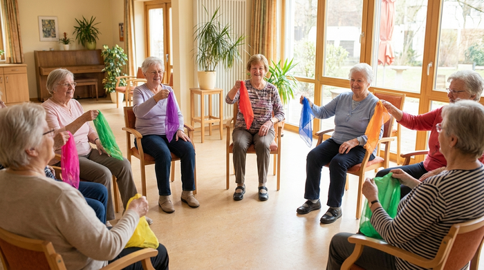 Eine Gruppe von Senioren sitzt im Kreis und macht leichte Sitzgymnastik mit bunten Tüchern. Alle wirken konzentriert und entspannt. Helle, freundliche Räumlichkeiten mit großen Fenstern.