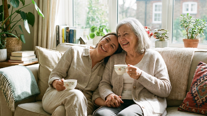 Eine erwachsene Tochter sitzt entspannt mit ihrer älteren Mutter auf einem Sofa und beide trinken Tee. Sie wirken erleichtert und glücklich, ohne Sorgen. Harmonische und friedliche Stimmung.