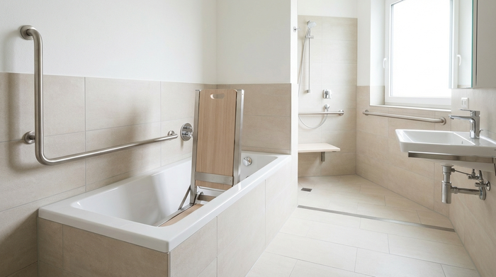 Ein modernes, sauberes und barrierefreies Badezimmer für Senioren. Ein stilvoller Badewannenlift ist in die weiße Wanne integriert. Helle Fliesen, sichere Haltegriffe an den Wänden, aufgeräumt.