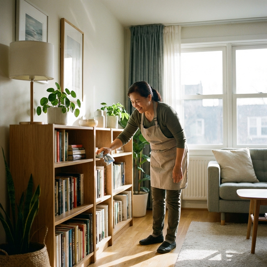 Eine engagierte Haushaltshilfe wischt mit einem Staubtuch über ein Holzregal in einem aufgeräumten, sonnendurchfluteten Wohnzimmer. Realistische Szene, saubere Umgebung.