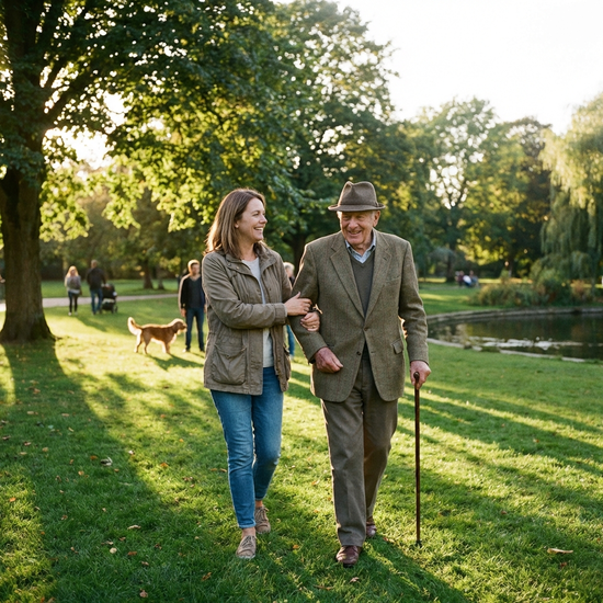 Eine freundliche Alltagsbegleiterin und ein älterer Herr spazieren gemeinsam durch einen grünen Park, beide lächeln entspannt im warmen Nachmittagslicht.