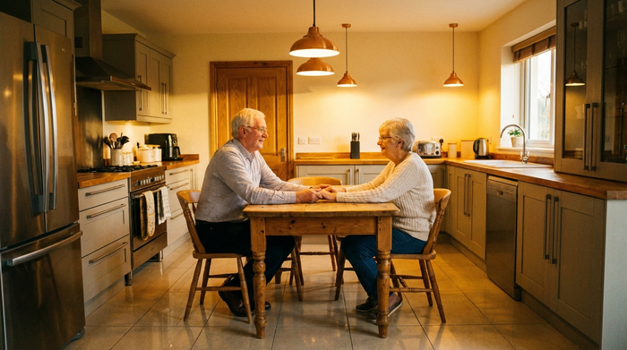 Ein älteres Ehepaar sitzt entspannt am Küchentisch und betrachtet zufrieden ein sauberes, glänzendes Küchenumfeld. Warme, einladende Beleuchtung, keine Schriftzüge im Bild.
