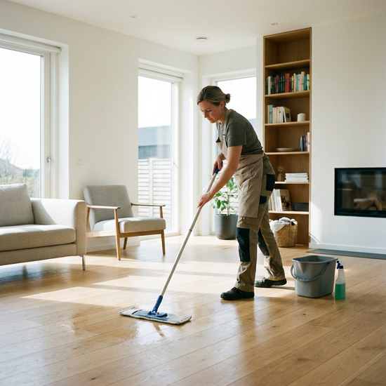 Eine Reinigungskraft wischt mit einem Mopp den hellen Holzboden in einem aufgeräumten, modernen Wohnzimmer. Fokus auf Sauberkeit und Hausarbeit.