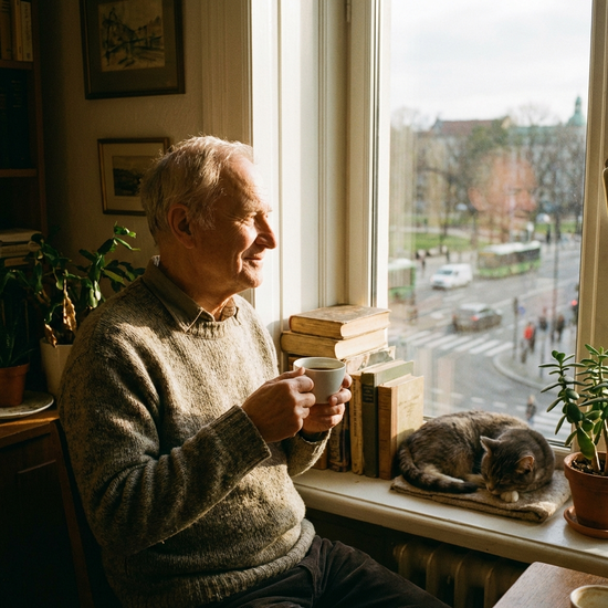 Ein älterer Mann schaut entspannt aus dem frisch geputzten Fenster seiner Wohnung, das Sonnenlicht erhellt den Raum.
