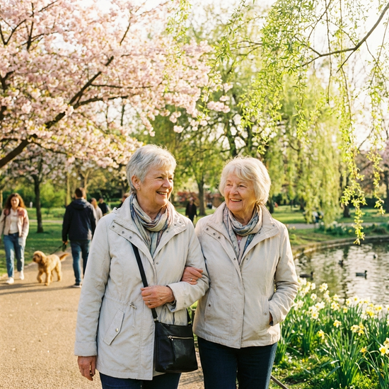 Eine empathische Seniorenbetreuerin geht mit einer älteren Dame am Arm im Park spazieren. Frühlingswetter, grüne Bäume, beide lächeln.