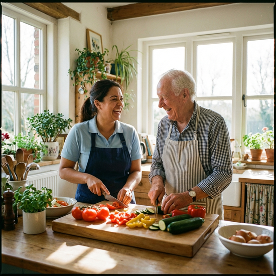 Eine Betreuerin und ein Senior kochen gemeinsam in einer hellen Küche. Sie schneiden frisches Gemüse und lachen.