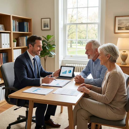Ein freundlicher Berater erklärt einem Seniorenpaar am Schreibtisch verschiedene Finanzierungsmöglichkeiten. Ruhige und professionelle Atmosphäre.