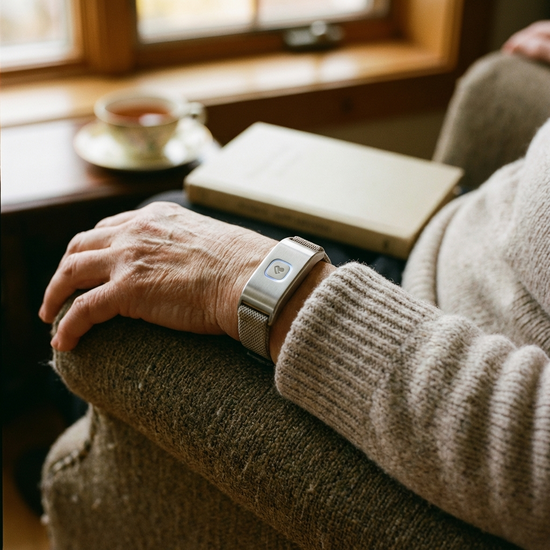 Nahaufnahme eines modernen Hausnotruf-Armbands am Handgelenk einer älteren Person, die gemütlich im Sessel sitzt.