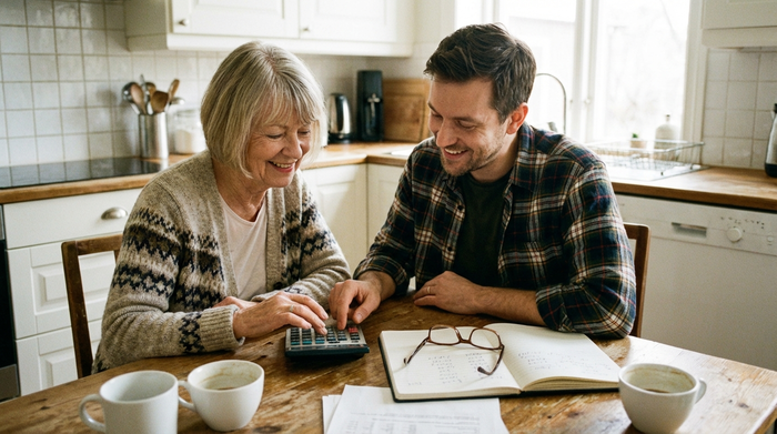 Eine ältere Frau sitzt mit ihrem erwachsenen Sohn am Küchentisch und rechnet entspannt mit einem Taschenrechner. Neben ihnen liegt eine Brille auf einem Notizblock.