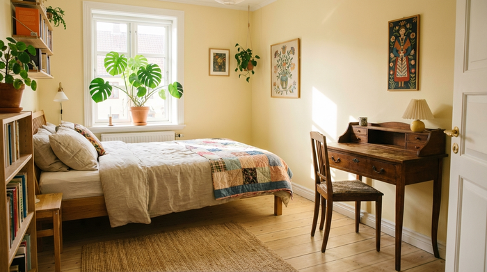 Ein helles, freundlich eingerichtetes Gästezimmer mit einem gemütlichen Bett, einem kleinen Schreibtisch, einer Pflanze auf der Fensterbank und warmem Licht.