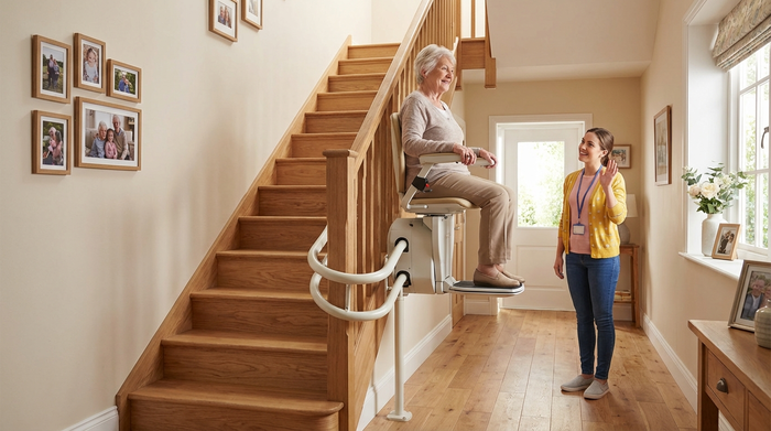 Eine ältere Dame fährt sicher und bequem auf einem modernen Treppenlift eine Holztreppe hinauf, während ihre Betreuerin unten im Flur freundlich lächelt.