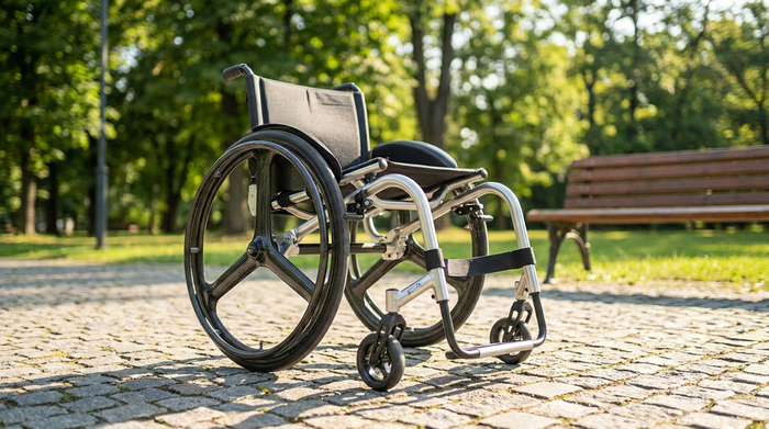 Ein moderner, zusammenklappbarer Leichtgewichtrollstuhl aus Aluminium steht auf einem gepflasterten Weg in einem sonnigen Park. Im Hintergrund sind unscharf grüne Bäume und eine Parkbank zu erkennen. Realistische, klare Darstellung ohne Text.
