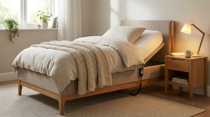 Ein elektrisch höhenverstellbares Pflegebett in einem wohnlichen, aufgeräumten Schlafzimmer. Das Kopfteil ist leicht aufgerichtet. Eine weiche Bettdecke und ein Nachttisch mit einer Leselampe sorgen für eine gemütliche, nicht-klinische Atmosphäre. Keine Schriftzüge.