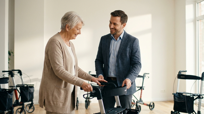 Ein freundlicher, professioneller Berater in einem hellen Raum zeigt einer älteren Person verschiedene Rollator-Modelle. Beide lächeln entspannt. Im Hintergrund sind verschwommen weitere Hilfsmittel zu sehen. Natürliches Licht, keine Labels.