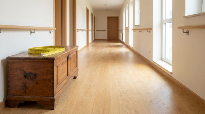 Ein aufgeräumter, breiter Flur in einem Wohnhaus ohne Stolperfallen. Ein Maßband liegt symbolisch aufgerollt auf einer Holzkommode. Der helle Boden ist frei von Teppichen, um eine sichere Durchfahrt für Hilfsmittel zu gewährleisten.