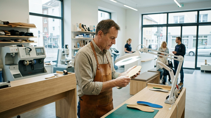 Ein Orthopädieschuhmacher in einem sauberen, modernen Sanitätshaus betrachtet konzentriert eine maßgefertigte Schuheinlage. Helle Beleuchtung, professionelles Umfeld, realistische Fotografie ohne Text.
