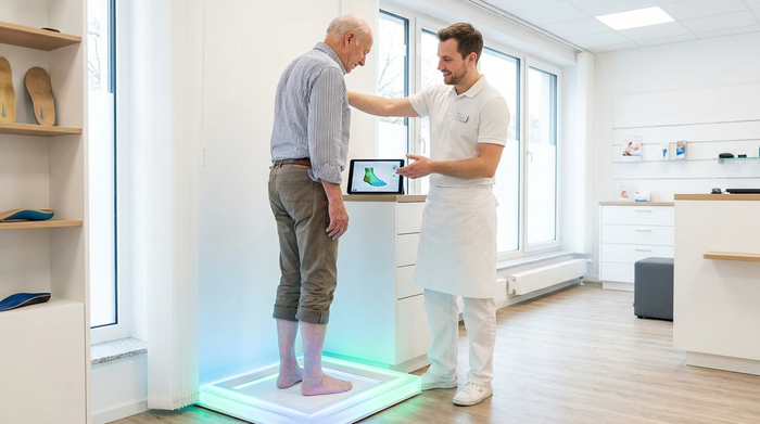 Ein älterer Herr steht barfuß auf einem modernen, leuchtenden 3D-Scanner in einem Sanitätshaus, während ein freundlicher Mitarbeiter die Haltung überprüft. Helle, saubere Klinikatmosphäre.