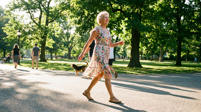 Eine vitale Seniorin geht fröhlich im Park spazieren, sie trägt unauffällige, elegante Kompressionsstrümpfe in Hautfarbe zu einem sommerlichen Kleid. Sonniges Wetter, grüne Bäume, realistische Szene.