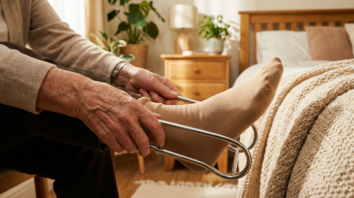 Eine Nahaufnahme von gepflegten Händen einer älteren Person, die mithilfe eines speziellen metallischen Anziehgestells mühelos einen Strumpf über den Fuß gleiten lässt. Helles, gemütliches Schlafzimmer.