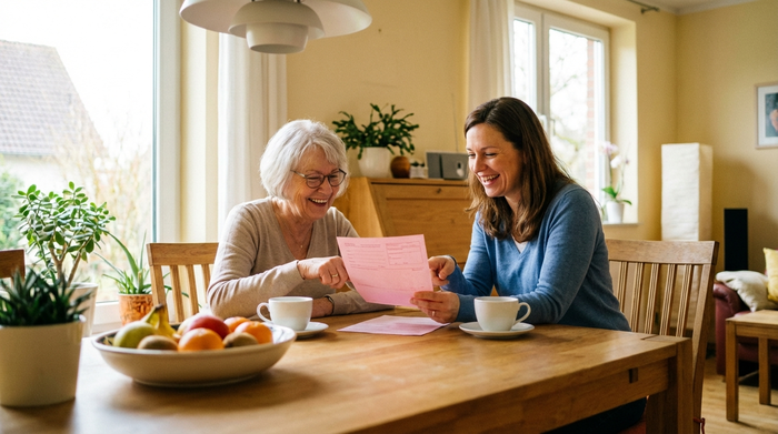 Eine lächelnde Seniorin sitzt am Esstisch und bespricht entspannt mit ihrer Tochter ein rosa Rezept für medizinische Hilfsmittel. Kaffeetassen auf dem Tisch, harmonische Stimmung, helles Tageslicht.