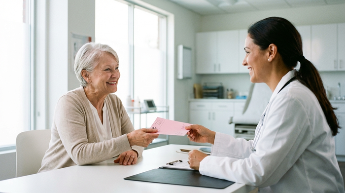 Eine ältere Dame sitzt lächelnd am Schreibtisch eines Arztes in einer hellen, modernen Praxis. Der Hausarzt überreicht ihr freundlich ein rosa Rezept. Im Hintergrund sind unscharfe, saubere medizinische Schränke zu erkennen.
