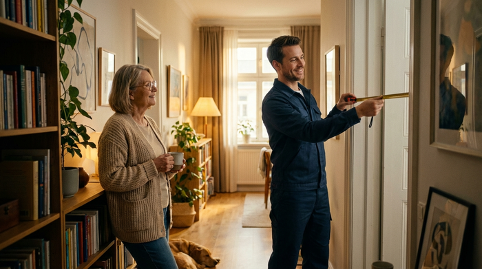 Ein freundlicher Techniker in sauberer Arbeitskleidung misst mit einem Maßband den Türrahmen in einem gemütlichen, gut beleuchteten Flur einer Wohnung. Eine ältere Frau schaut ihm interessiert und entspannt zu.